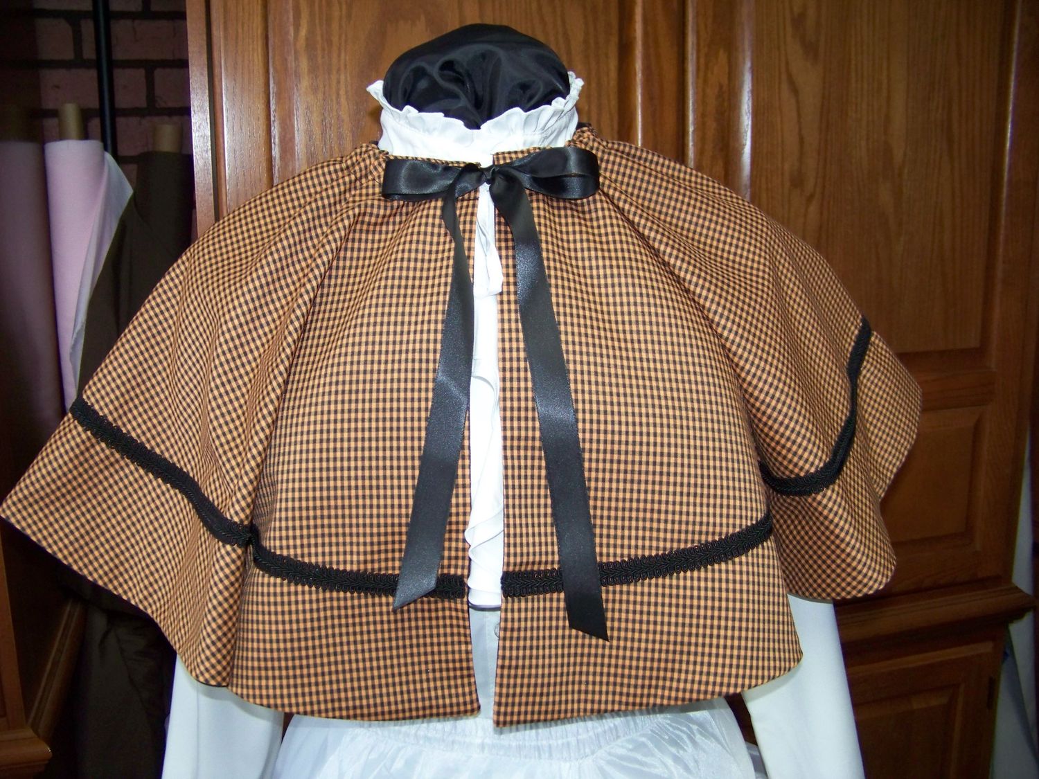 Dickens fair Victorian Caplet ONLY and Orange checked gingham ploy cotton with black sash Handmade in the USA