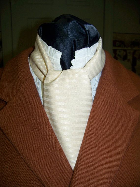 Ascot or Cravat  Creamy  Champagne Stripe fabric 4" x 50" Mens Historical Bow Tie with Pocket Puff
