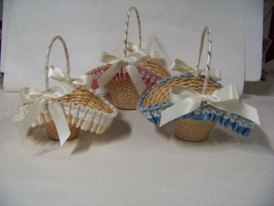 Flower Girl Baskets Mauve, Blue and Ivory satin ribbon with lace. Made in the USA