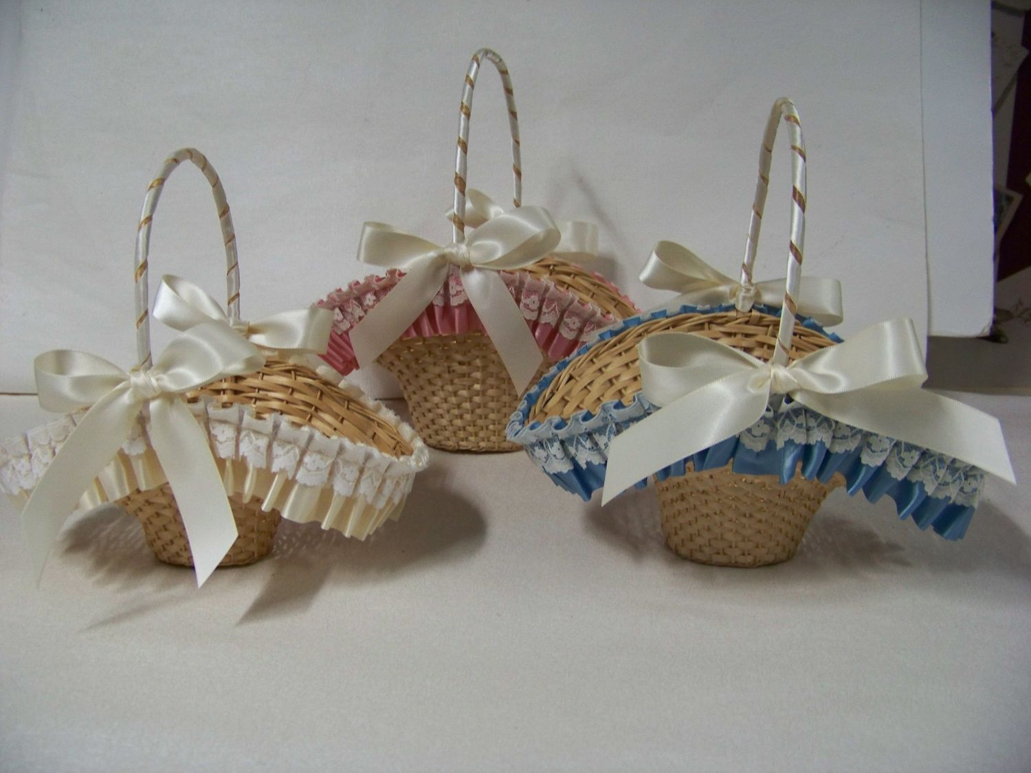 Flower Girl Baskets Mauve, Blue and Ivory satin ribbon with lace. Made in the USA