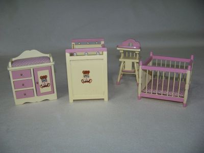 Vintage 1990s NOS miniature dollhouse furniture baby changing table, Bed, Playpen, Highchair w/bear on front pink and yellow painted with drawers that open.