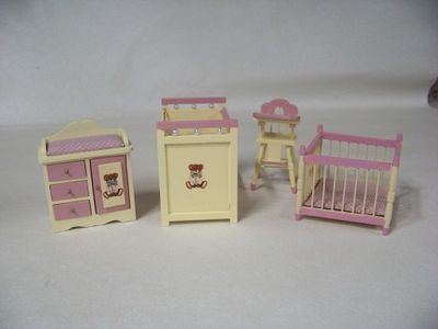 Vintage 1990s NOS miniature baby changing table, Bed, Playpen, Highchair w/bear on front pink and yellow painted with drawers that open.