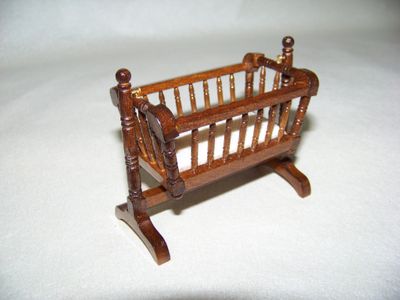 Vintage 1990s NOS miniature baby Bed Swing Cradle Honey wood stained with bedding.