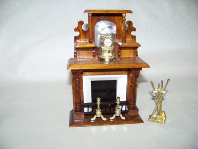 Vintage 1990s NOS miniature Victorian Parlor Furniture brown or Red Mahogany wood-stained Fireplace with clock and fireplace tools