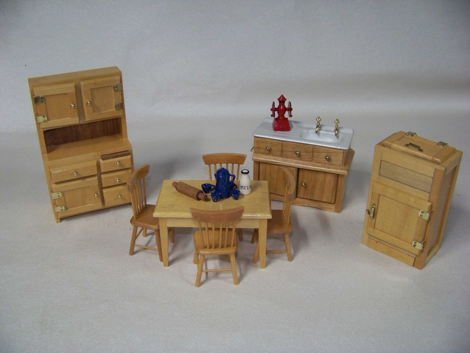 Vintage 1990s NOS miniature Country Kitchen Furniture golden Honey wood-stained w/gold knobs Cupboard, Icebox, Wash Basin Table and 4 chairs