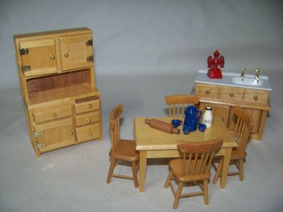 Vintage 1990s NOS miniature Country Kitchen Furniture golden Honey wood-stained w/gold knobs Cupboard, Icebox, Wash Basin Table and 4 chairs