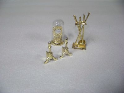 Vintage 1990s NOS miniature Victorian Parlor Furniture brown wood-stained Coffee Table and Fireplace with clock and fireplace tools