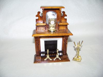 Vintage 1990s NOS miniature Victorian Parlor Furniture brown wood-stained Coffee Table and Fireplace with clock and fireplace tools