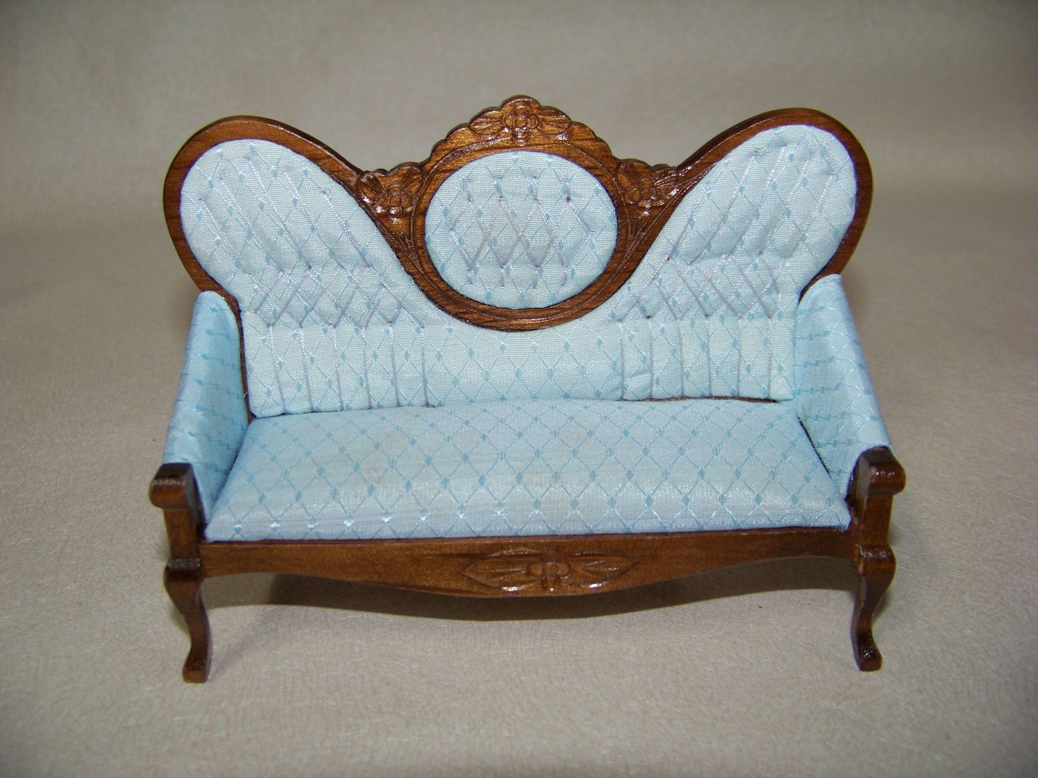 Vintage 1990s NOS miniature Victorian Parlor Furniture brown wood-stained Sofa, Coffee Table and Fireplace with clock and fireplace tools