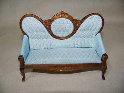 Vintage 1990s NOS miniature Victorian Parlor Furniture brown wood-stained Sofa, Coffee Table and Fireplace with clock and fireplace tools