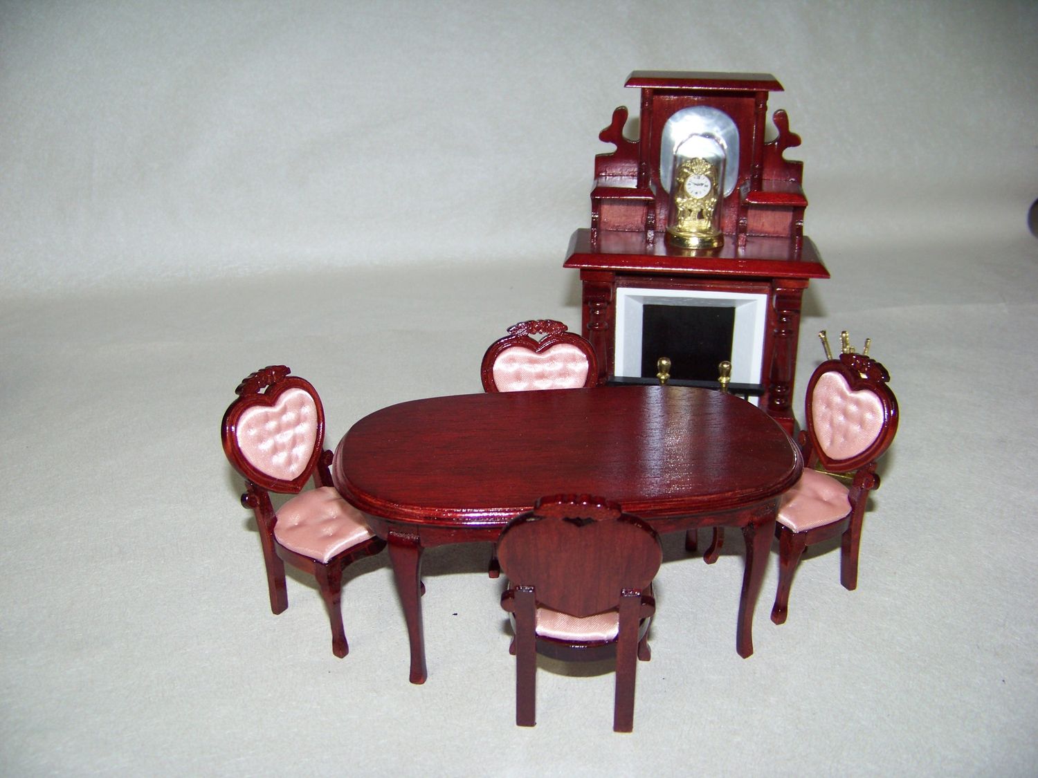 Vintage 1990s NOS miniature Victorian Dining Room Furniture Mahogony wood-stained Table and 4 Heart Back Chairs and Fireplace with clock and fireplace tools