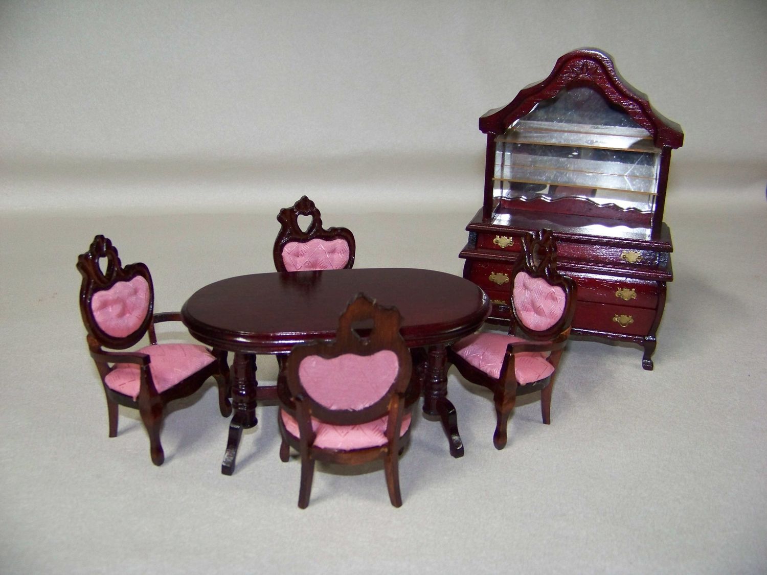 Vintage 1990s NOS Miniature Victorian Dining Room Table with 4 chairs and China Cabinet Furniture Set