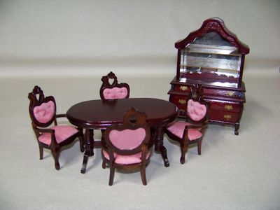 Vintage 1990s NOS Miniature Victorian Dining Room Table with 4 chairs and China Cabinet Furniture Set