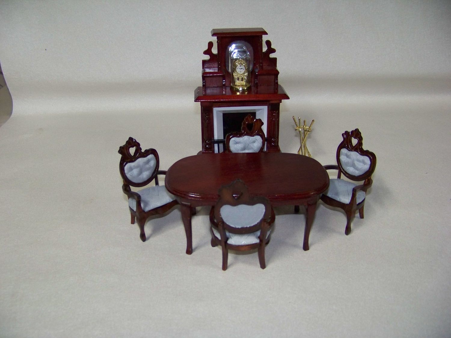 Vintage 1980s Miniature Dollhouse Furniture Dining Room Table with 4 chairs, fireplace in Red Mahogany stain and fireplace tools