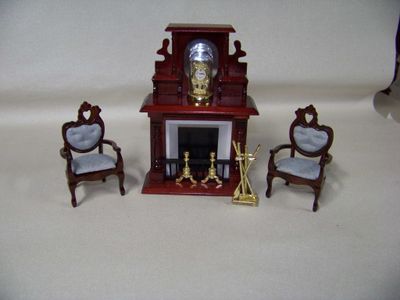 Vintage 1980s Miniature Dollhouse Furniture Dining Room Table with 4 chairs, fireplace in Red Mahogany stain and fireplace tools