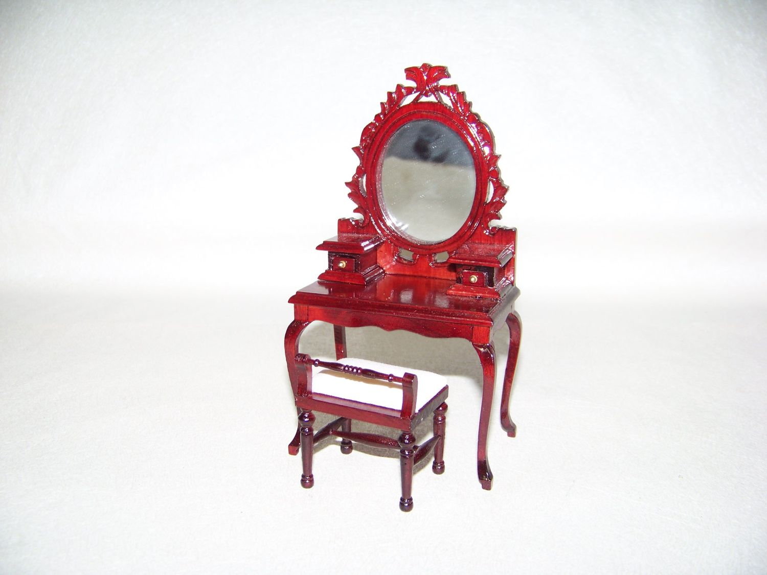 Vintage 1980s NOS Miniature Dollhouse furniture wooden Red Mahogany Desk with mirror and bench Mahogany stain