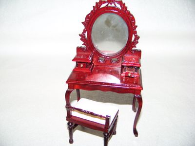 Vintage 1980s NOS Miniature Dollhouse furniture wooden Red Mahogany Desk with mirror and bench Mahogany stain