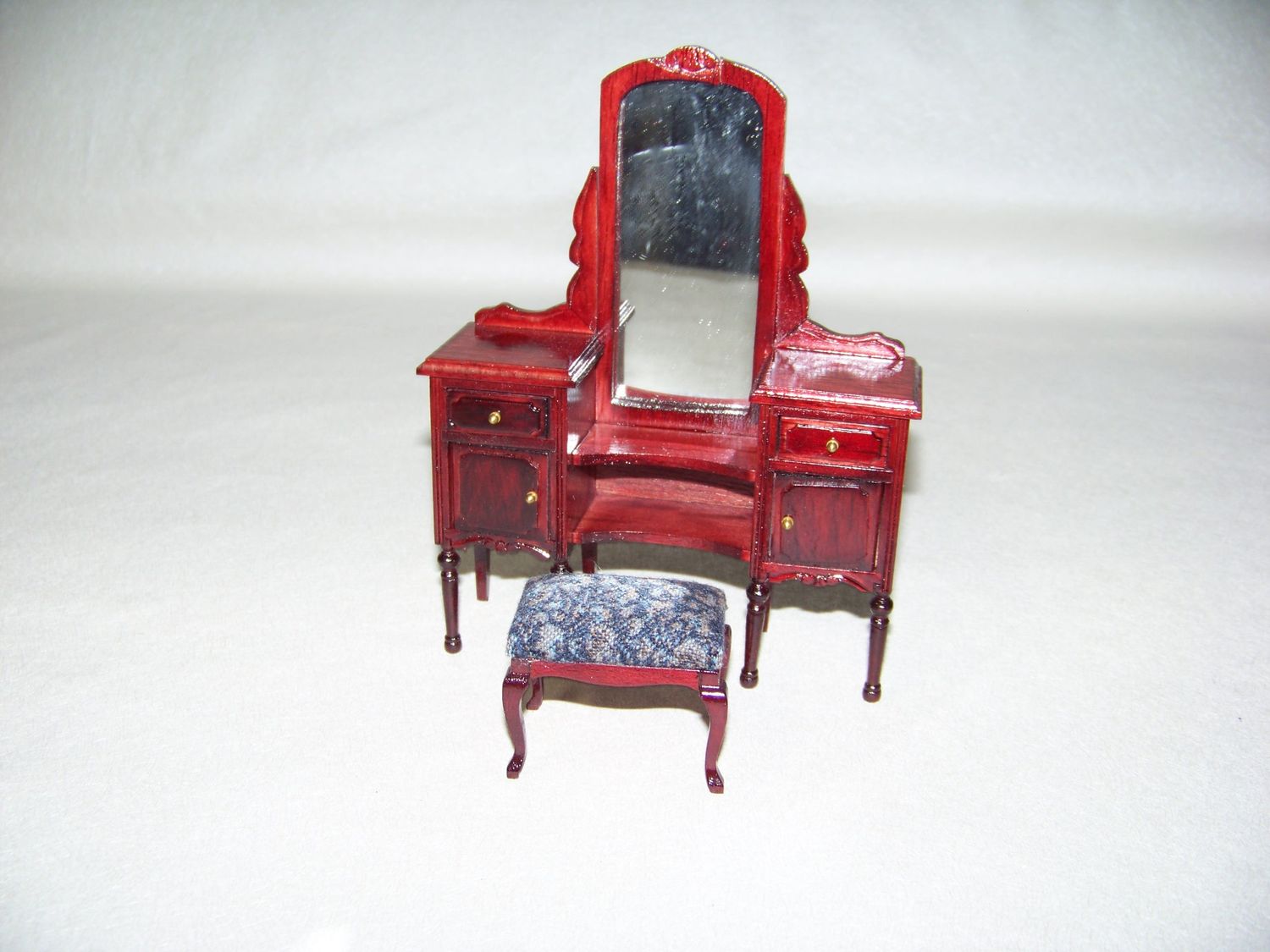Vintage 1980s NOS Miniature Dollhouse furniture wooden Red Mahogany Dresser with mirror and bench Mahogany stain
