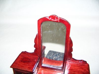 Vintage 1980s NOS Miniature Dollhouse furniture wooden Red Mahogany Dresser with mirror and bench Mahogany stain