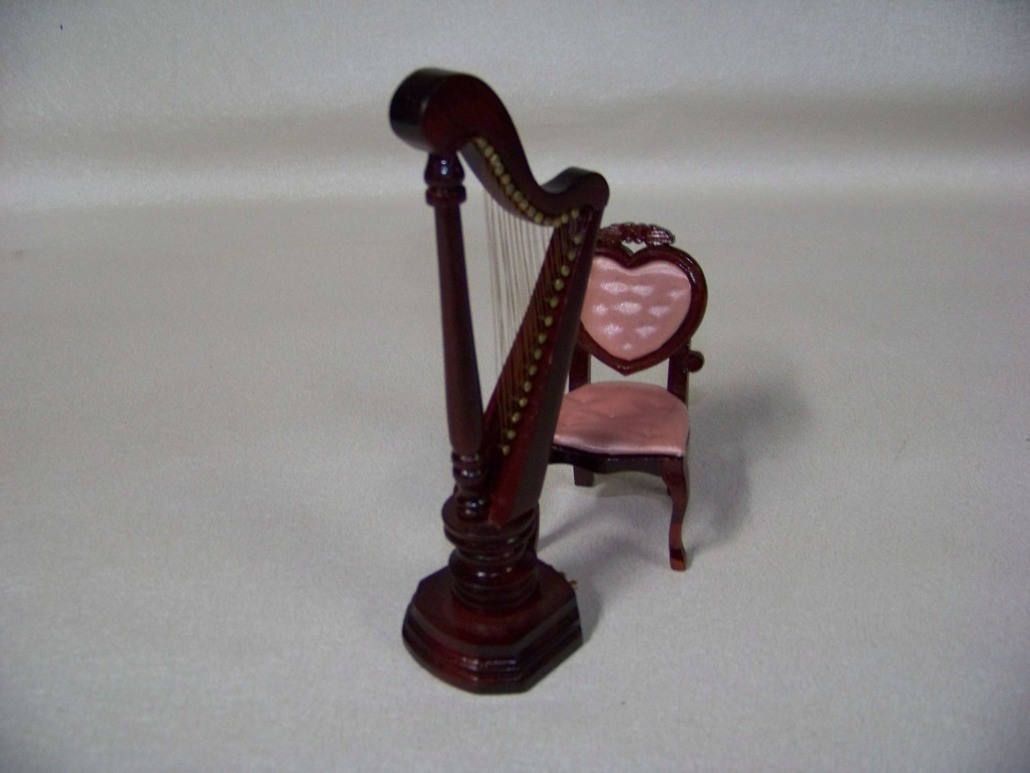 Vintage 1980s NOS wooden Parlor furniture includes pink heart back chair with Red Mahogany colored stain and Music Harp
