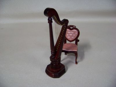 Vintage 1980s NOS wooden Parlor furniture includes pink heart back chair with Red Mahogany colored stain and Music Harp