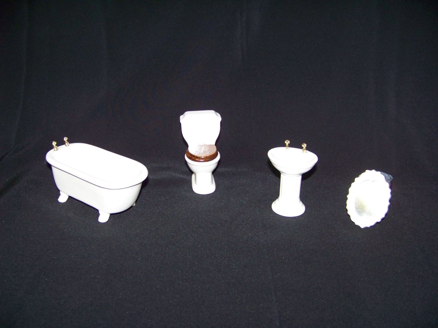 Dollhouse Furniture 1980s NOS White Ceramic Bathtub, Toilet, sink and Mirror they are 1:12 scale