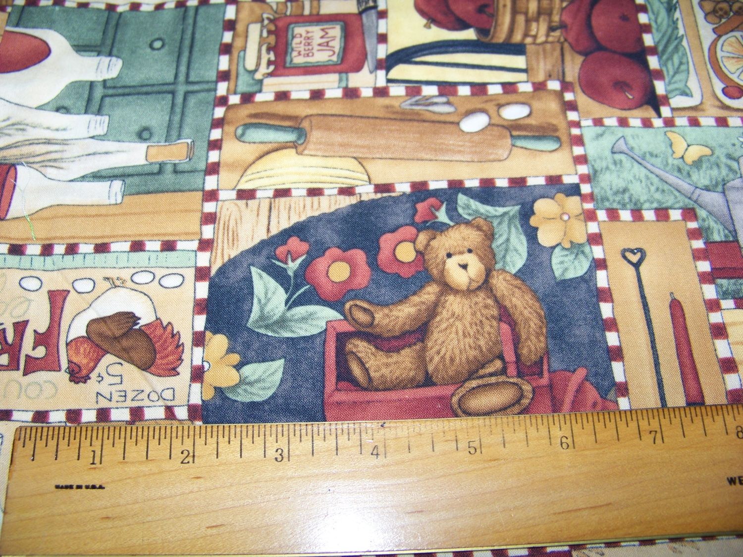 Country Life © Teresa Kogut Country Cotton Print Fabric with Bears, Apples, stars, sunflowers, Angels gold, green, blue 100% cotton Vintage 1980's