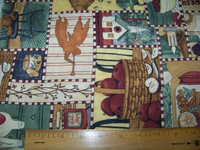 Country Life © Teresa Kogut Country Cotton Print Fabric with Bears, Apples, stars, sunflowers, Angels gold, green, blue 100% cotton Vintage 1980's