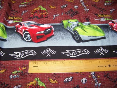 Hot Wheels Car print border Fabric with bricks and graffiti background Red + green car great for boy room valance Cranston Village 3 1/2 yds