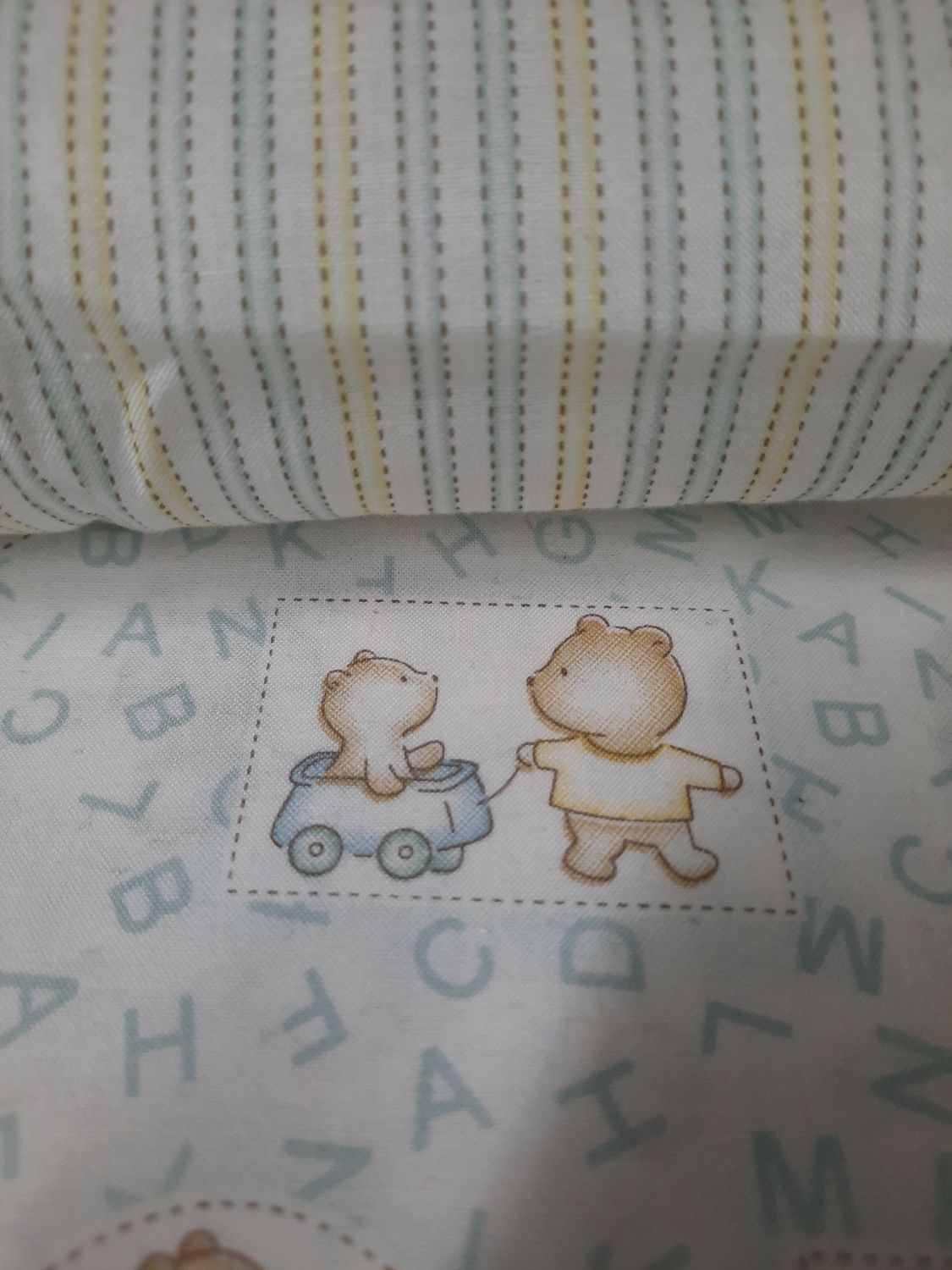 Vintage baby boy blue, white, yellow and green Pillow Ticking Stripe 1990's New fabric never been washed. 100% cotton printed on one side 43"