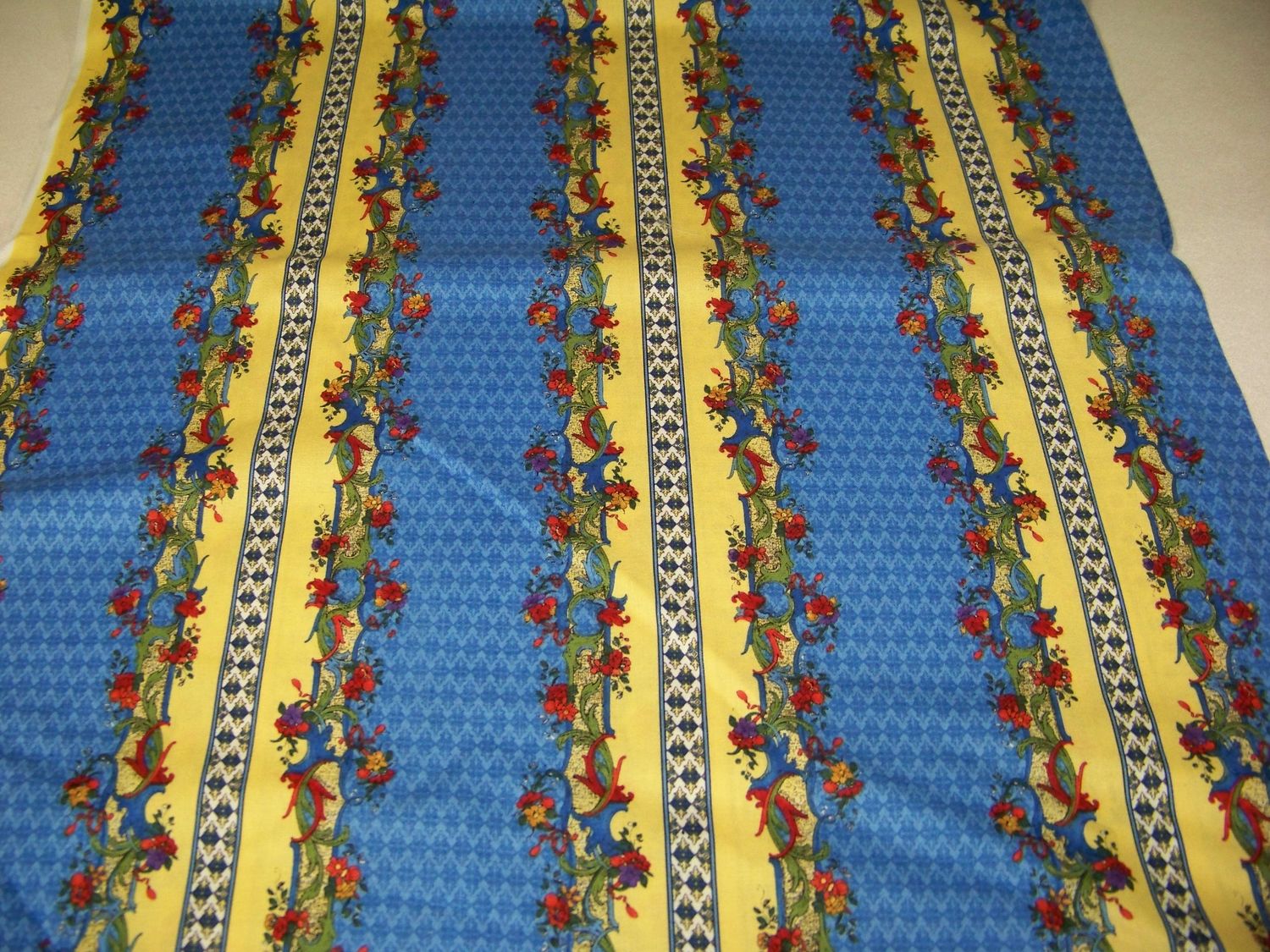 Royal Blue Stripe fabric vintage from 1990's French Country Stripe Rooster by Fabri-Quilt Inc. 100% cotton polished yellow, purple, green