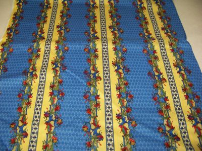Royal Blue Stripe fabric vintage from 1990's French Country Stripe Rooster by Fabri-Quilt Inc. 100% cotton polished yellow, purple, green