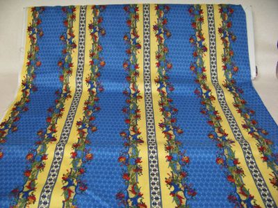 Royal Blue Stripe fabric vintage from 1990's French Country Stripe Rooster by Fabri-Quilt Inc. 100% cotton polished yellow, purple, green