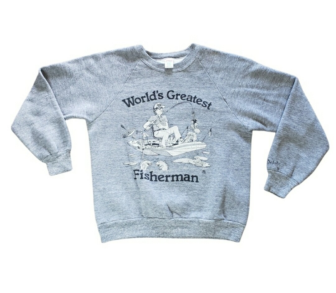 Worlds Greatest Fisherman Crewneck Sweatshirt Jerzees Medium Gray USA Made