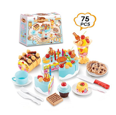 Birthday Cake Play Food Set Light Blue 75 Pieces Plastic Kitchen Cutting Toy Pretend Play