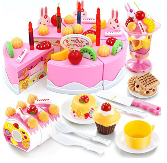 Birthday Cake Play Food Set Pink 75 Pieces Plastic Kitchen Cutting Toy Pretend Play