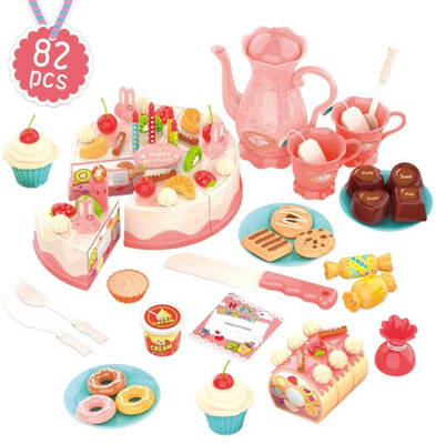 Birthday Cake Toy 82PCS Cutting DIY Pretend Play Cake Dessert Food Set with Candles for Kids Children Pink