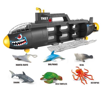 Submarine Toy Shark Car Carrier w 6 sea animals and storage