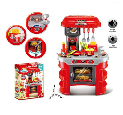 Kitchen Set RED with music and light, Cooking Toys Little Chef, Kids functional kitchen table set with cookware and plastic food 33 PCS!