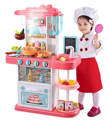 Kitchen set for kids Pretend Play Pink Cook w/ Sound, Light, Real Spray, Drawing and Water Flow, 43 Piece Accessory Play Set.
