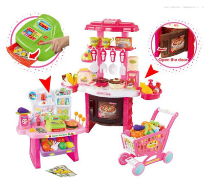 Kitchen Set for kids mini supermarket for girls Play Set Shopping Cart Pink Pretend play food cooking toy Shopping Toy Multifunction