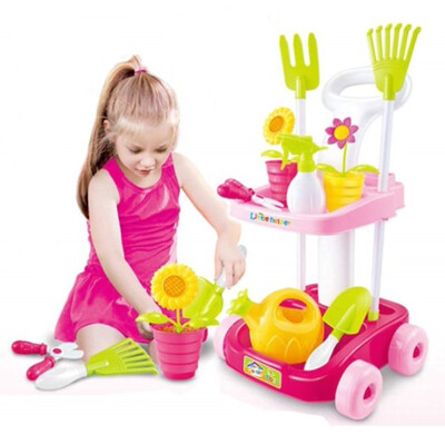 Home Garden Tool Set for kids Toys With Tool Cart in Pink. Gift for Toddler, Children, Girls 3,4,5 Years