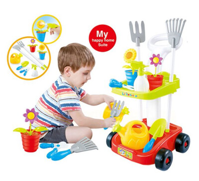 Home Garden Tool Set for Kids Toys w / cart to carry your favorite tools. Multicolor
