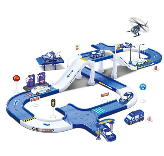 Police city track toy - with garage, car wash and gasoline. includes 2 cars, 1 truck crane, 1 helicopter