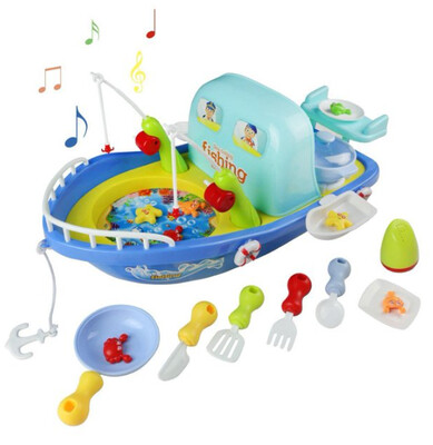 Boat play toy with light and music, 2 in1 fishing games and sea cooking, fishing kitchen toys