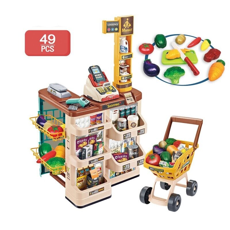 Supermarket Play Set Mundo Toys W/Shopping Cart for Kids Toddler Preschoolers W/Cash Register Electronic Gift for 3-5 Year Olds.