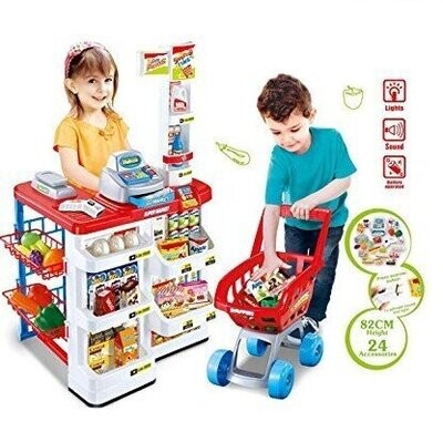 Supermarket Play Set Toys for Kids w/Shopping Cart, Cash Register and Electronic Scanner Toy for Toodlers Preschoolers Kids Girls Boys to 3 4 5 Years.