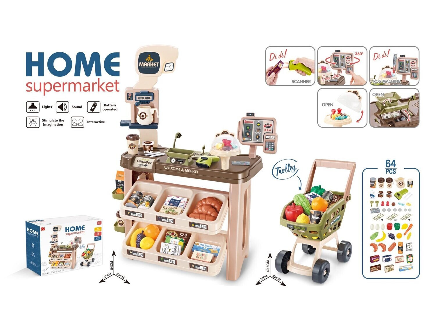 Supermarket Play Set Mundo Toys with Shopping Cart, coffee shop, 64 accessories for Kids Toddler Preschoolers Gift for 3-5 Year Olds.