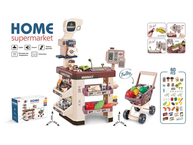 Supermarket Play Set Mundo Toys with Shopping Cart, coffee shop, 60 accessories for Kids Toddler Preschoolers Gift for 3-5 Year Olds.