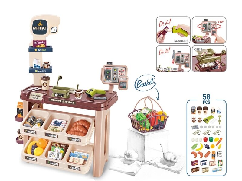 Supermarket Play Set Mundo Toys with Shopping basket, coffee shop, 58 accessories for Kids Toddler Preschoolers Gift for 3-5 Year Olds.